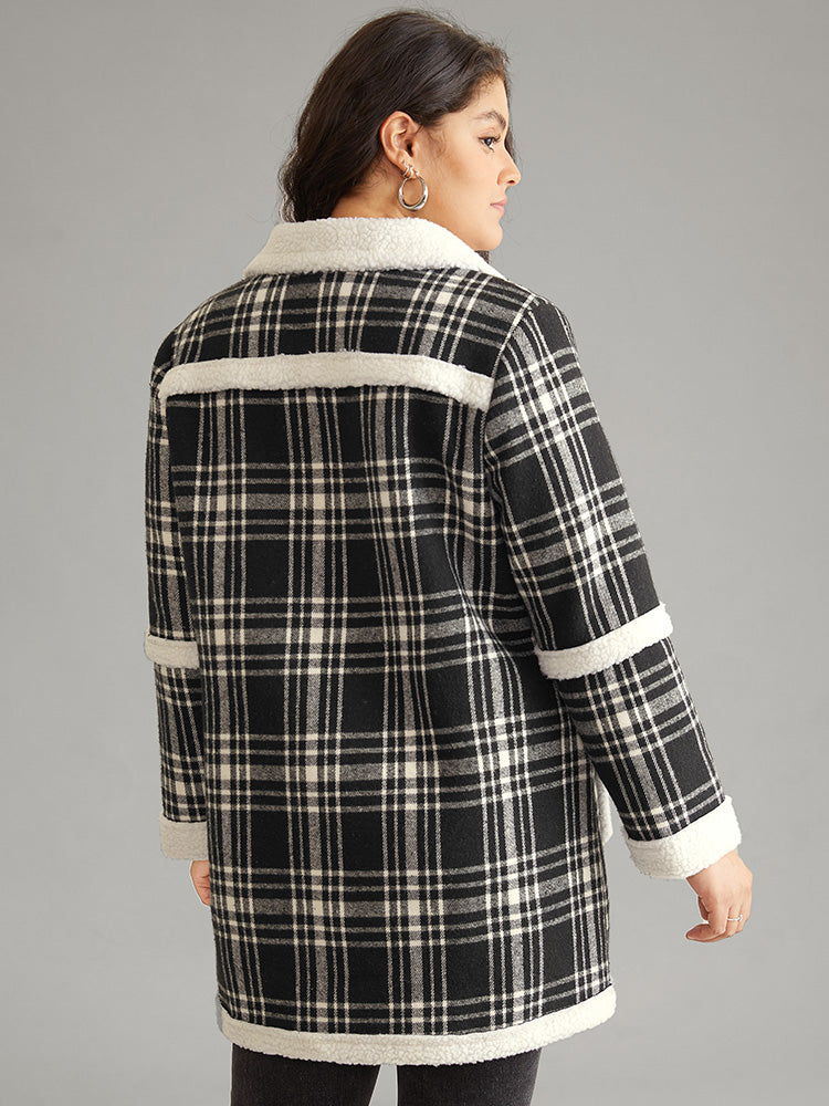 Lapel Collar Plaid Pocket Fuzzy Trim Coat-Sweetccc