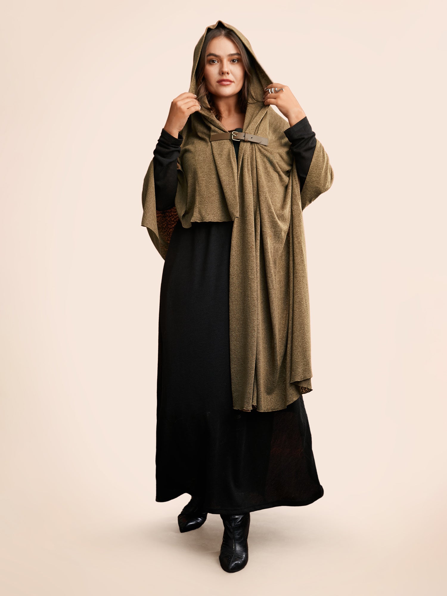 Knitted Leather Buckle Cape Styled Shawl-Sweetccc