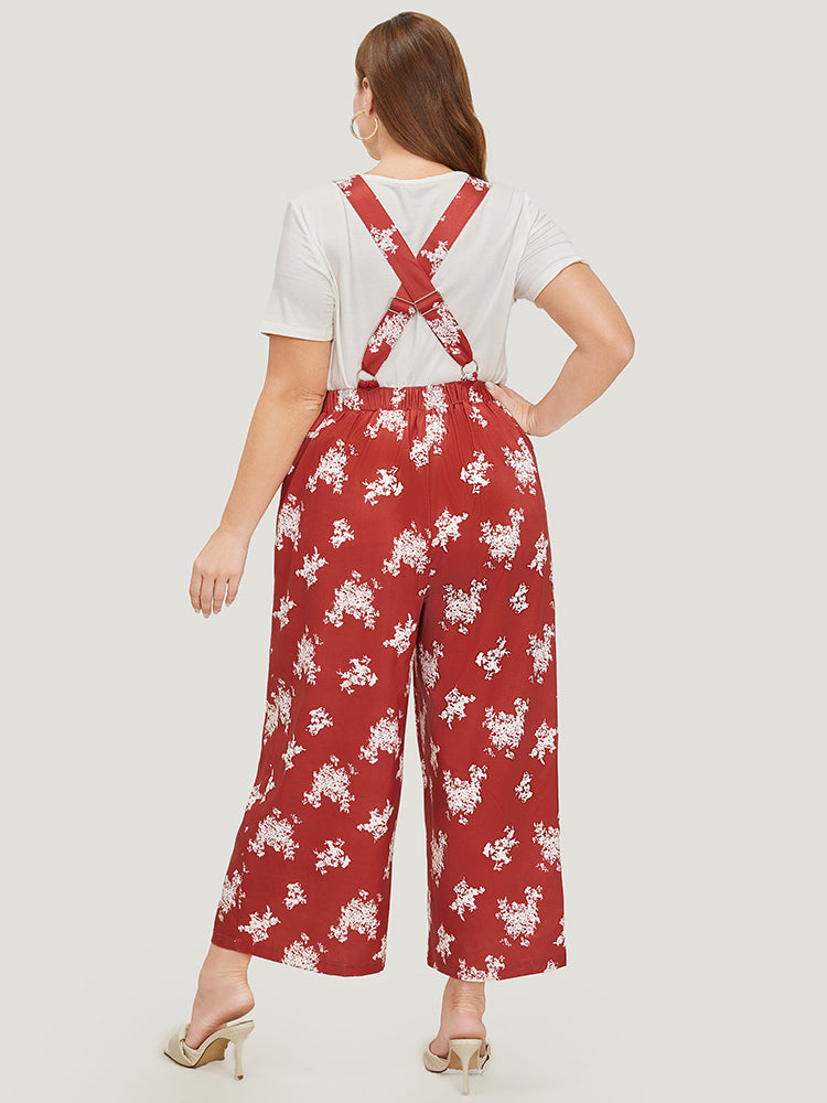 Floral Print Pocket Crossover Back Overall Jumpsuit-Sweetccc