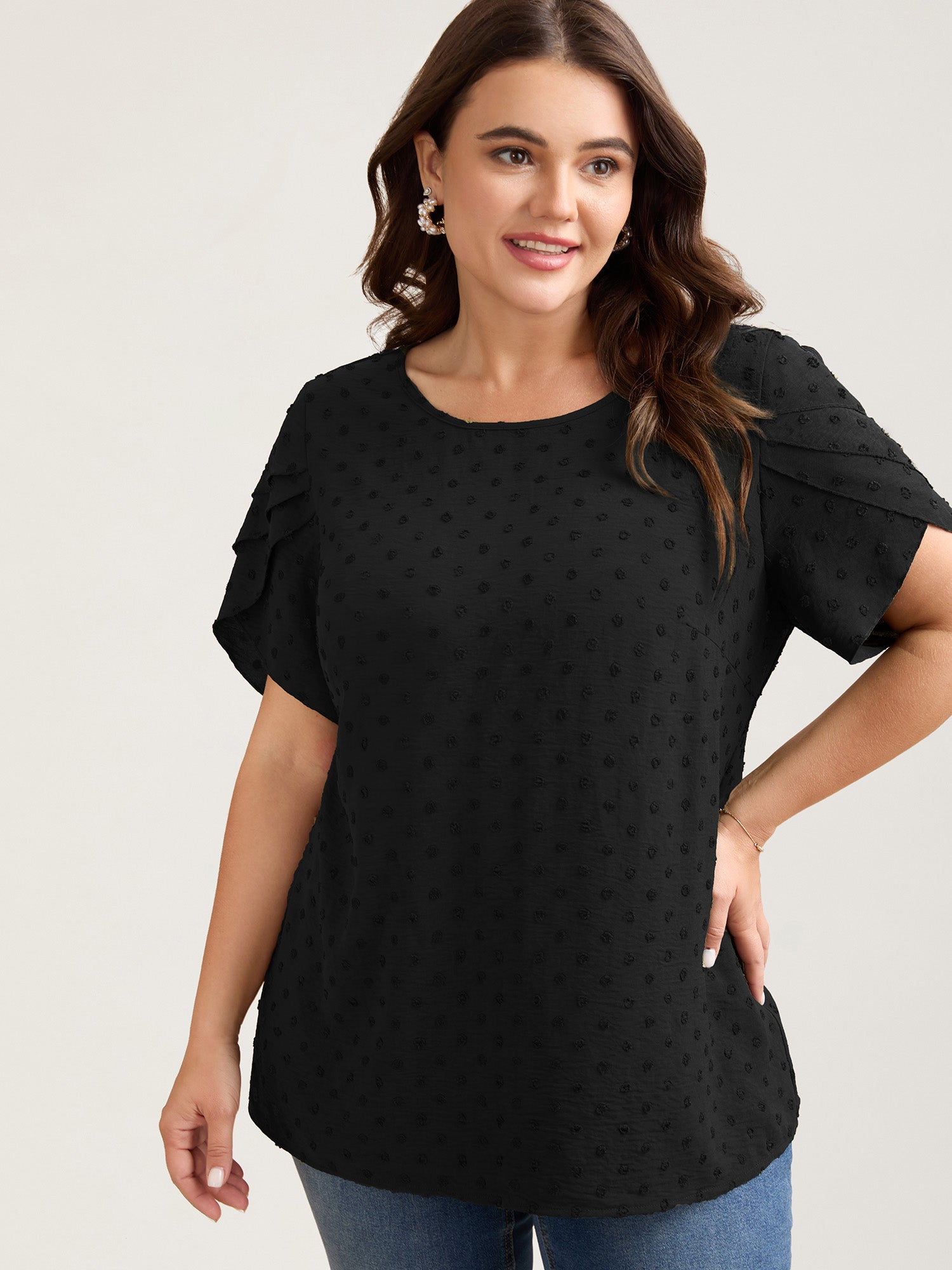 Textured Color Contrast Petal Sleeve Blouse-Sweetccc