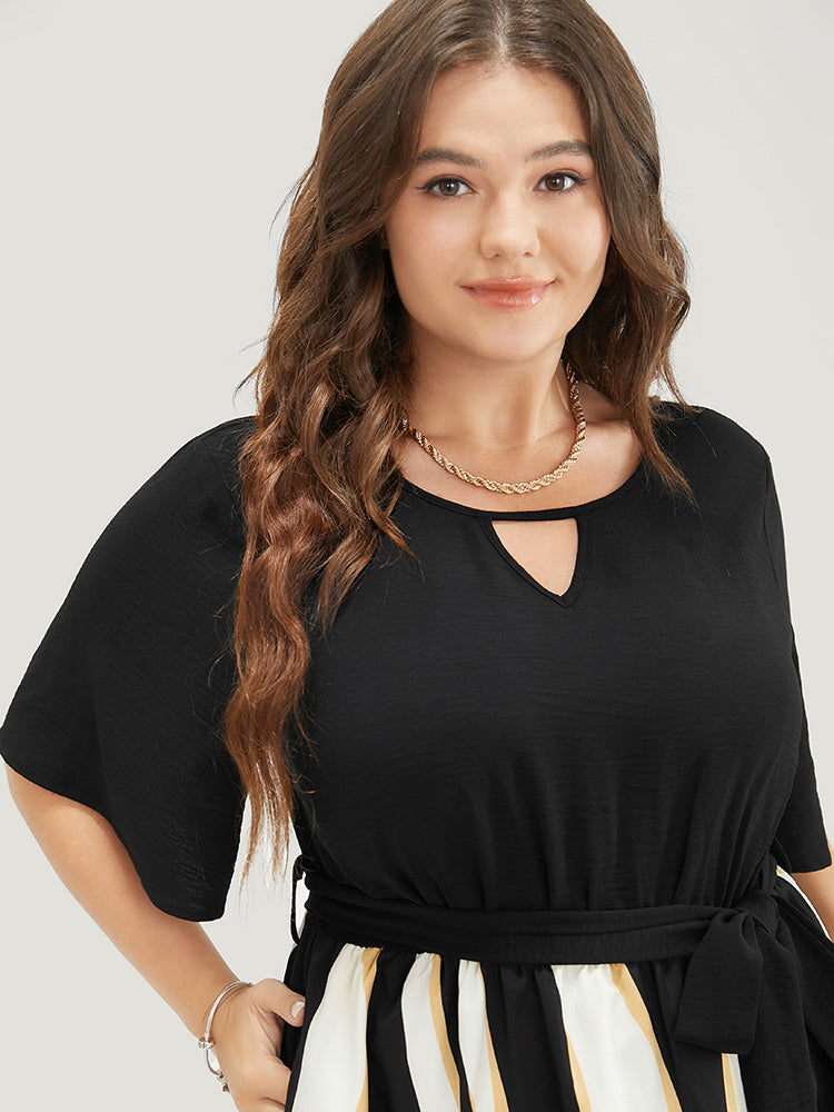 Striped Patchwork Ruffle Sleeve Pocket Belted Keyhole Dress-Sweetccc