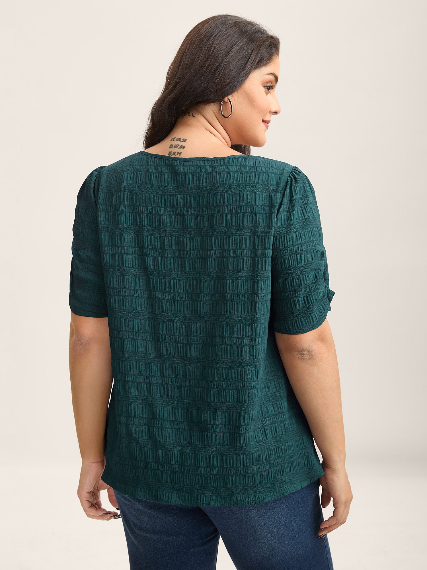 Textured Gathered Sleeve Split Neck Blouse-Sweetccc