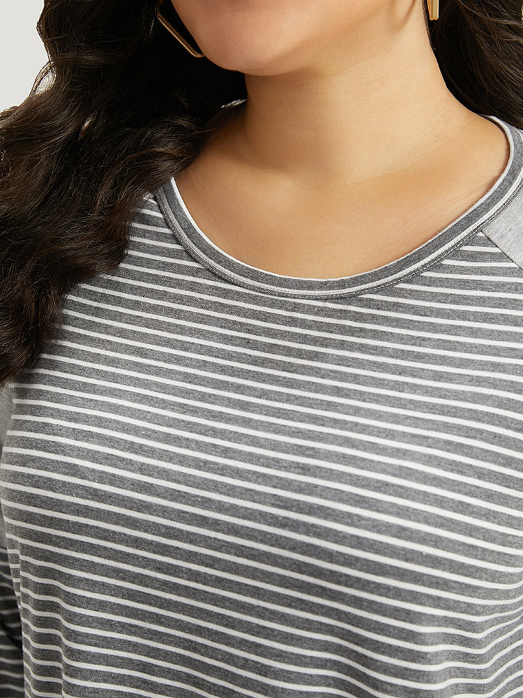 Striped Patchwork Crew Neck Raglan Sleeve T-shirt-Sweetccc