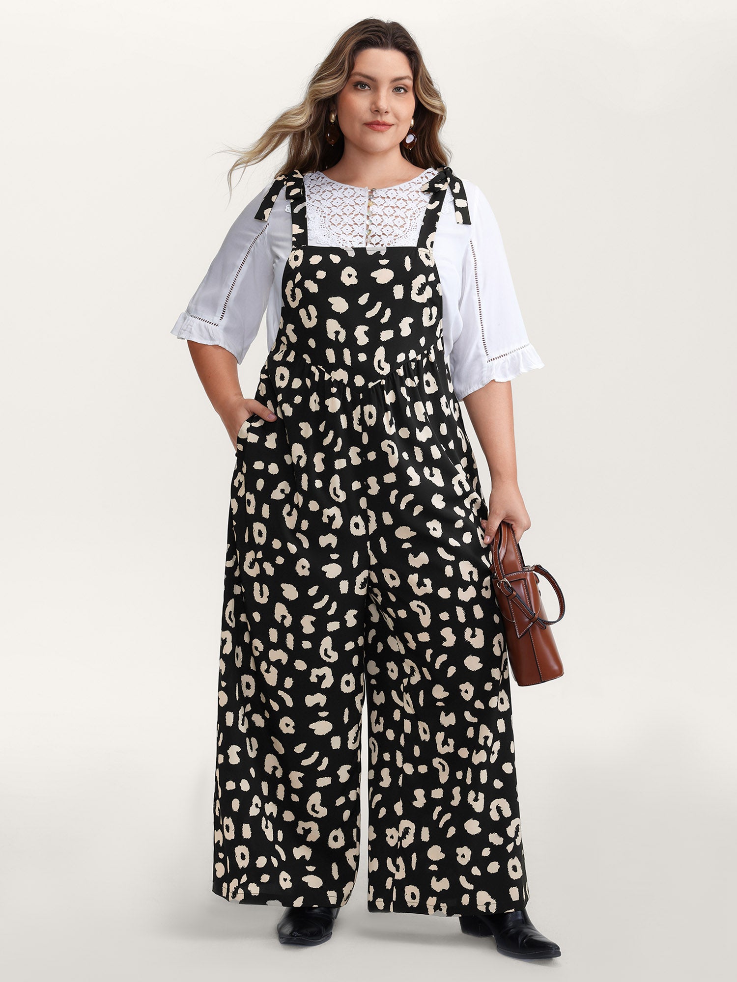 Leopard Print Shirred Shoulder Ties Jumpsuit-Sweetccc