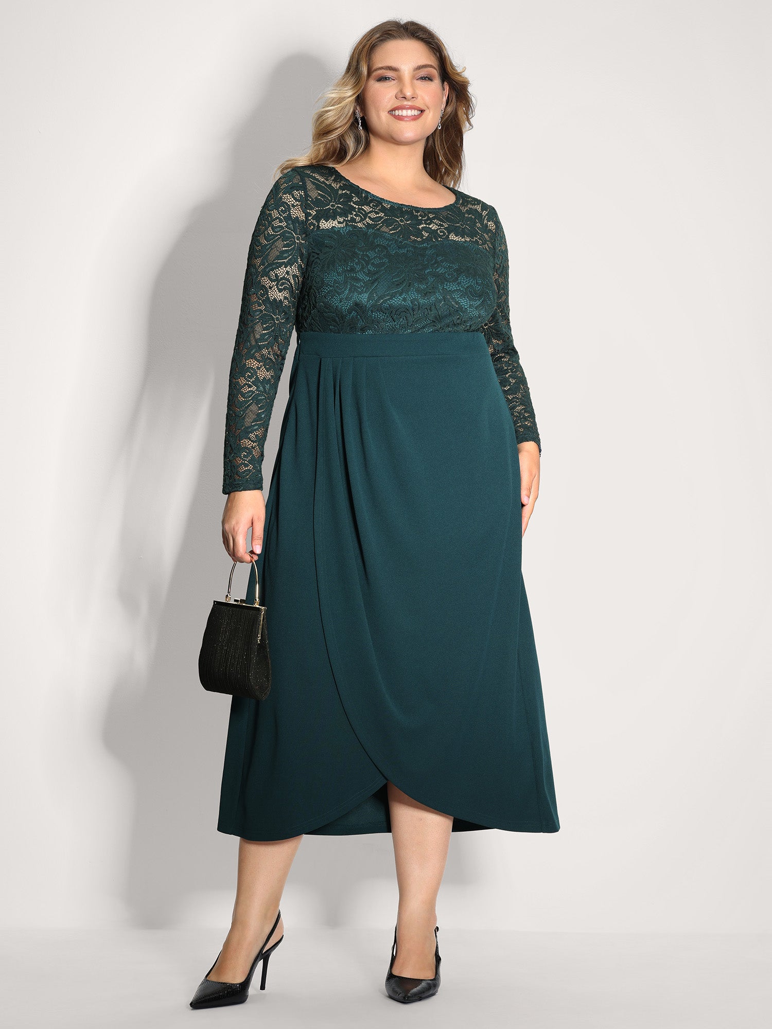 Wrap Hem Lace Sleeve Midi Dress-Sweetccc