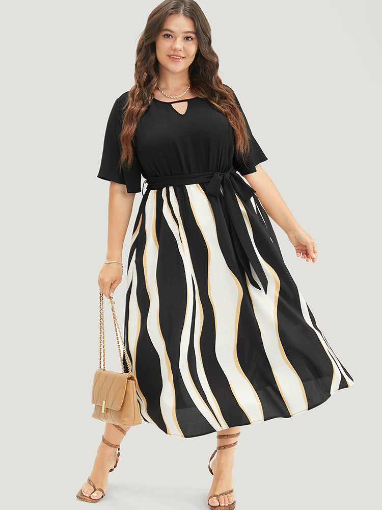 Striped Patchwork Ruffle Sleeve Pocket Belted Keyhole Dress-Sweetccc