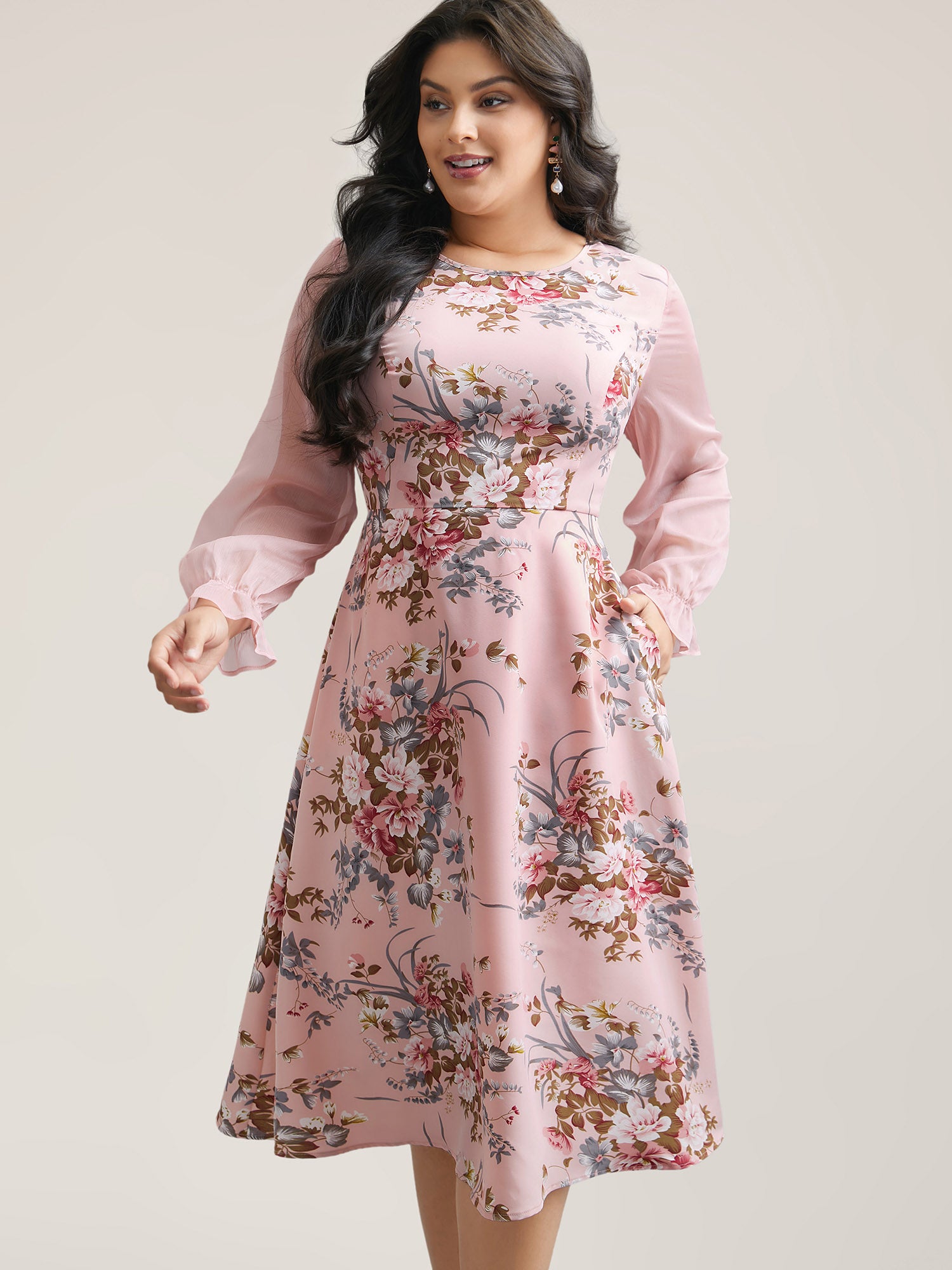 Floral Print Spliced Waist Cinched Midi Dress-Sweetccc