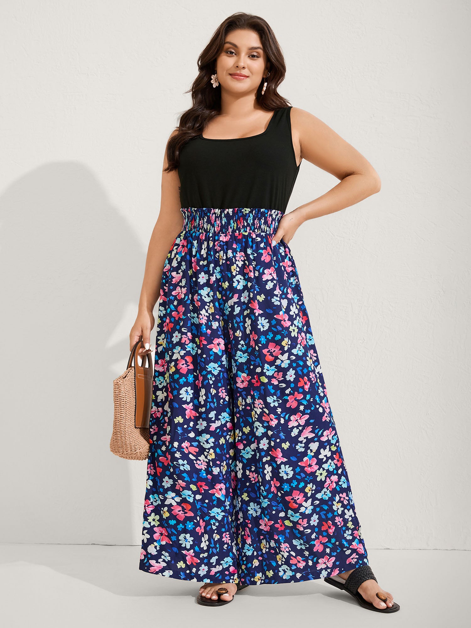 Floral Color Contrast Shirred Jumpsuit-Sweetccc