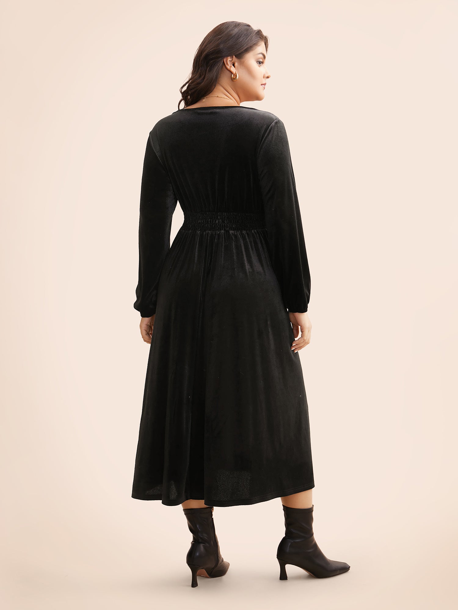 Velvet Overlap Collar Shirred Gathered Dress-Sweetccc