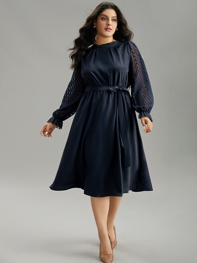 Twill Mesh Patchwork Belted Plicated Detail Dress-Sweetccc