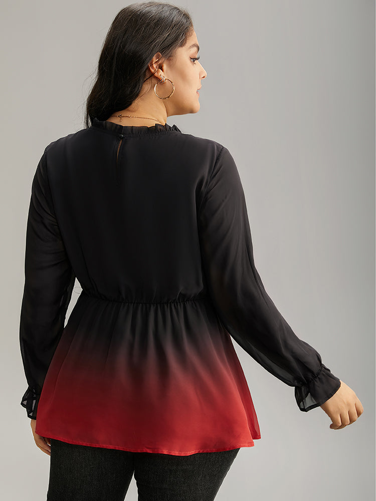 Ombre Contrast Frill Trim Ruffle Hem Blouse-Sweetccc