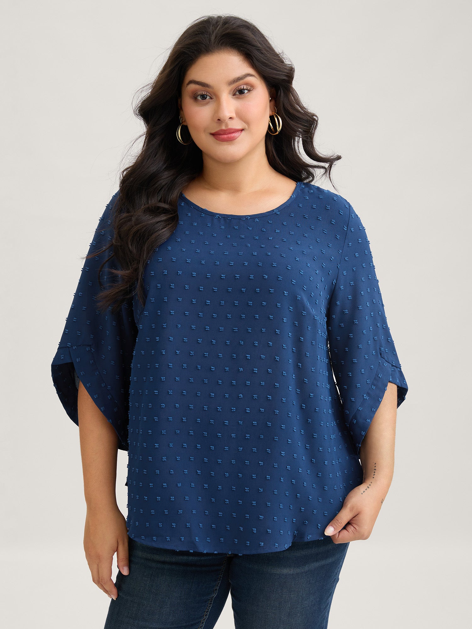 Textured Round Neck Bell Sleeve Blouse-Sweetccc