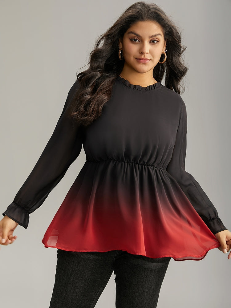 Ombre Contrast Frill Trim Ruffle Hem Blouse-Sweetccc