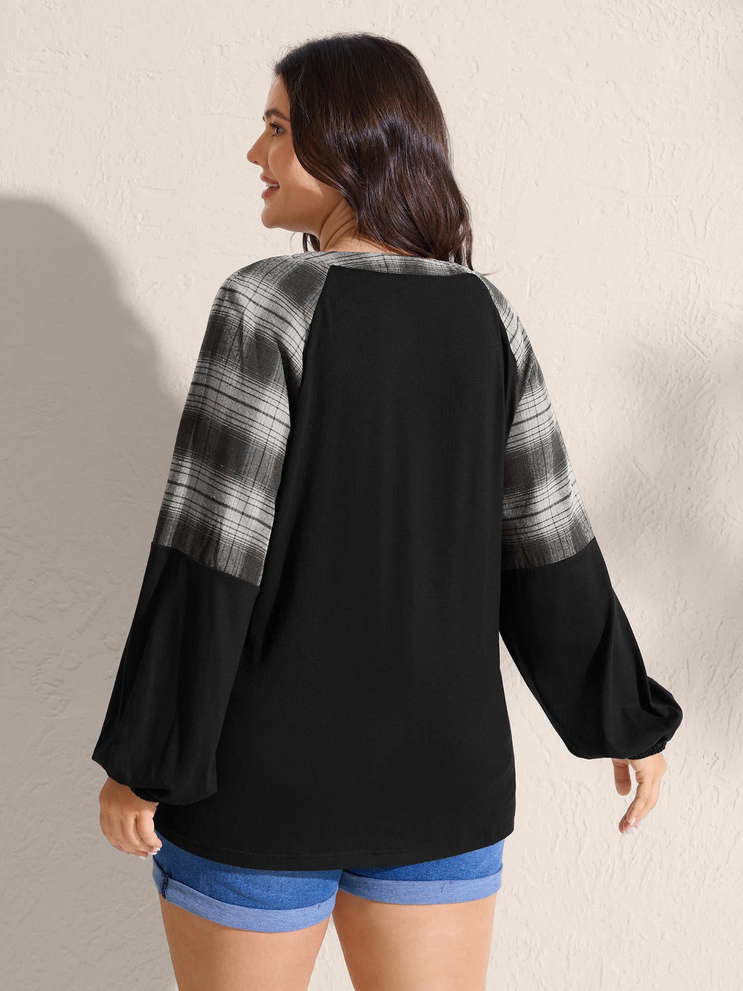 Stretchy Plaid Sleeve Split Neck T-Shirt-Sweetccc