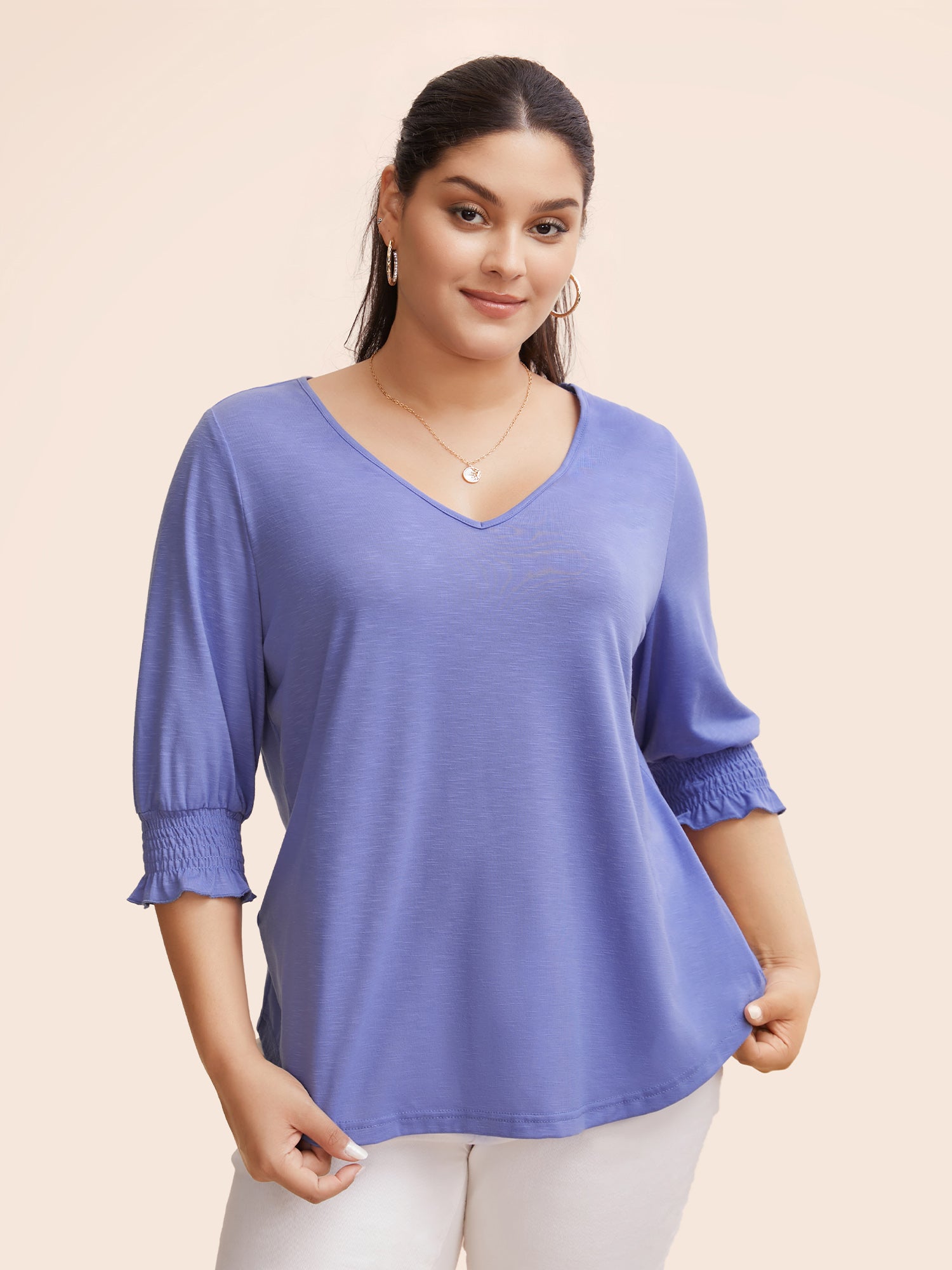 Solid V Neck Shirred Lantern Sleeve T-shirt-Sweetccc