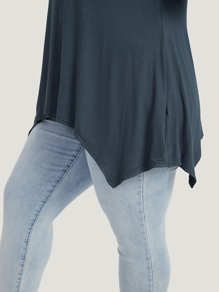 Supersoft Essentials Asymmetrical Hem Roll Sleeve Button Detail T-shirt-Sweetccc