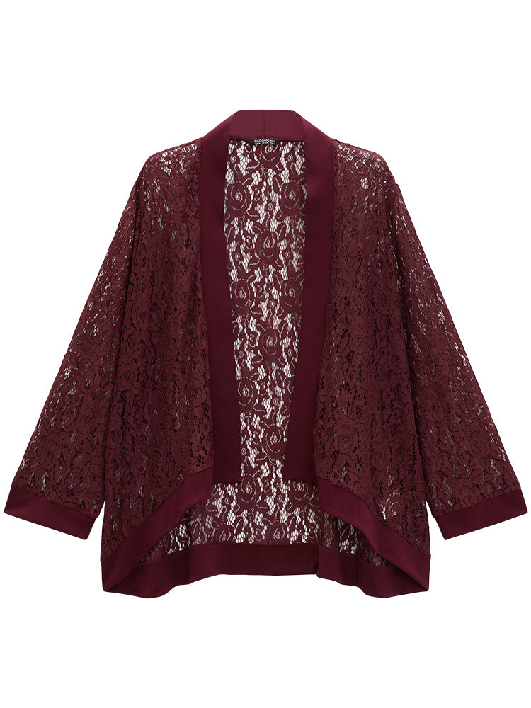 Supersoft Essentials Crochet Lace Mesh Open Front Asymmetrical Hem Kimono-Sweetccc