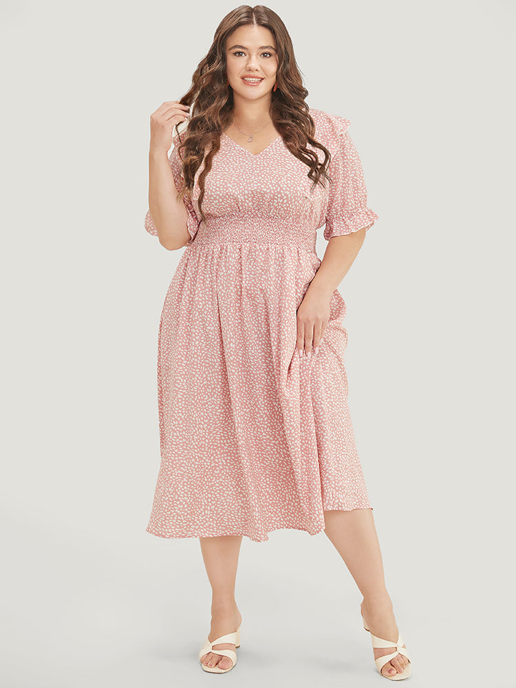 Leopard Ruffle Trim Pocket Shirred Puff Sleeve Dress-Sweetccc