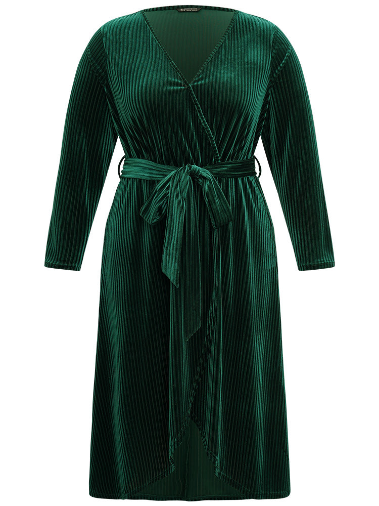Velvet Rib Knit Wrap Hem Pocket Belted Dress-Sweetccc