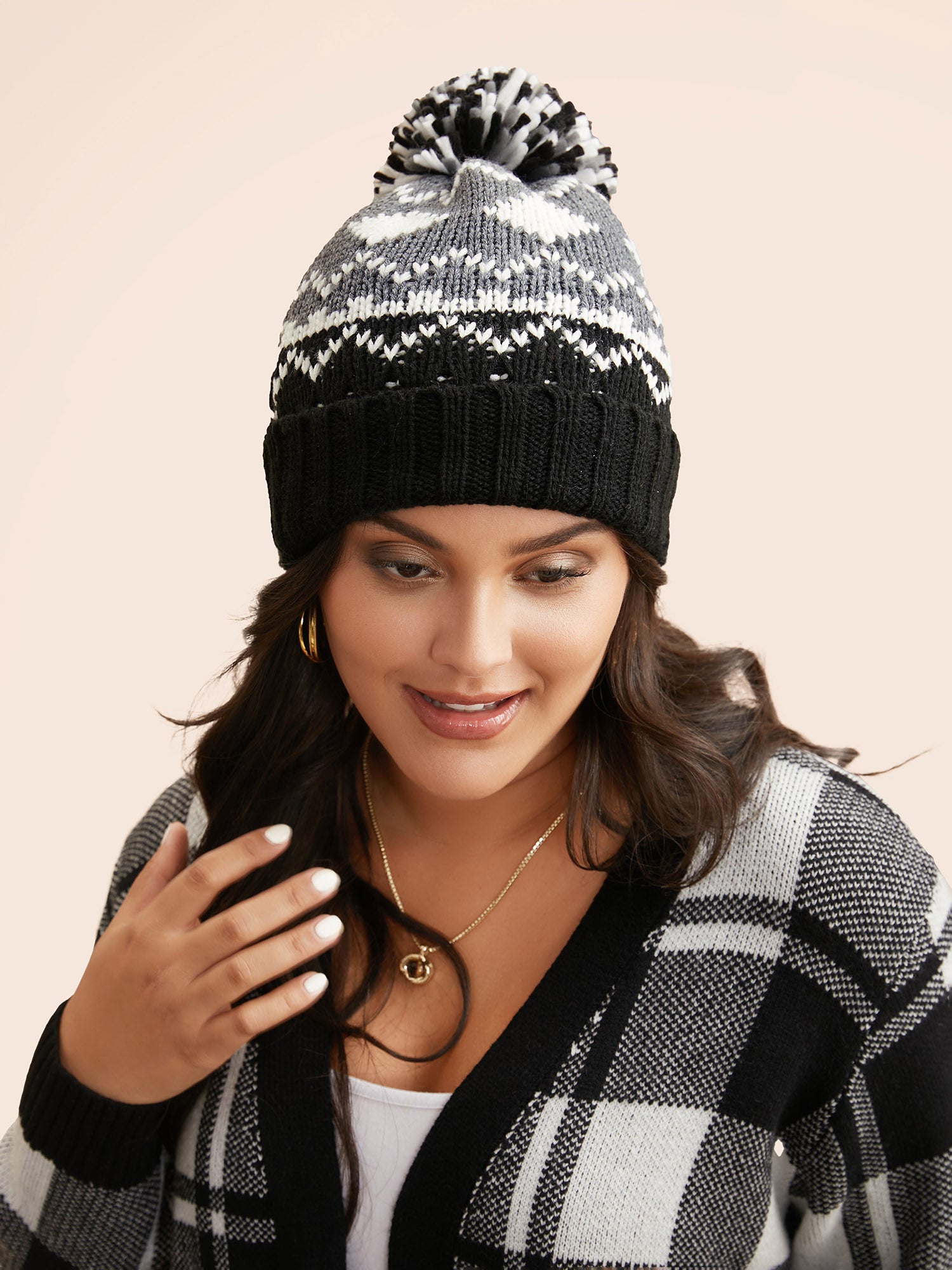 Geometric Jacquard Fluffy Ball Hat-Sweetccc