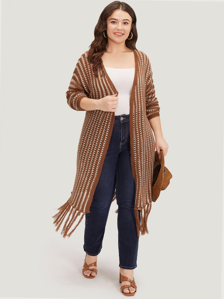 Striped Open Front Tassel Trim Hollow Out Cardigan-Sweetccc
