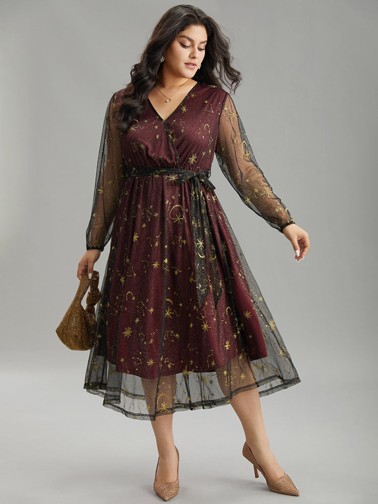 Moon & Star Embroidered Mesh Wrap Dress-Sweetccc