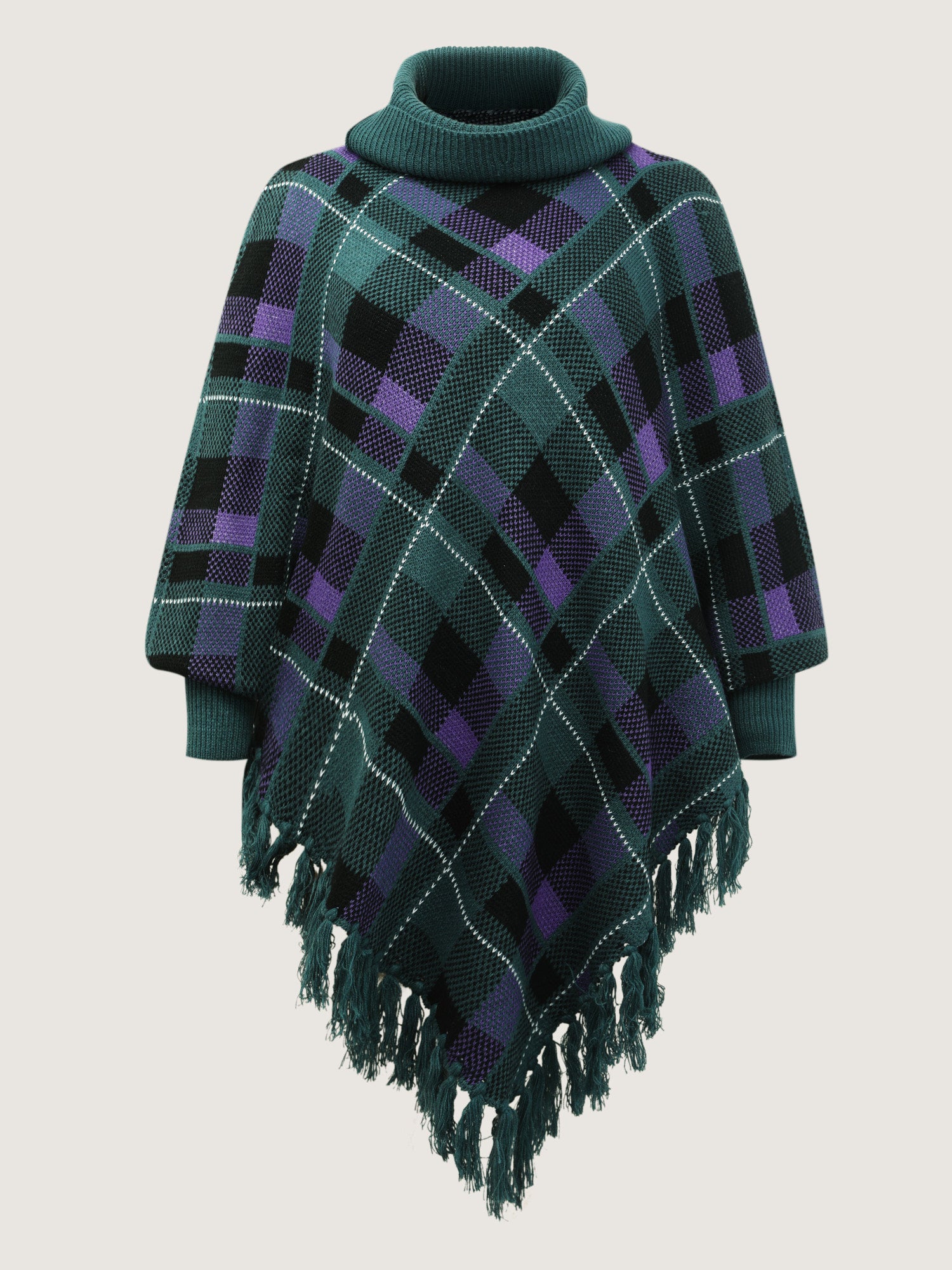 Holiday Plaid Turtleneck Fringe Hem Pullover-Sweetccc