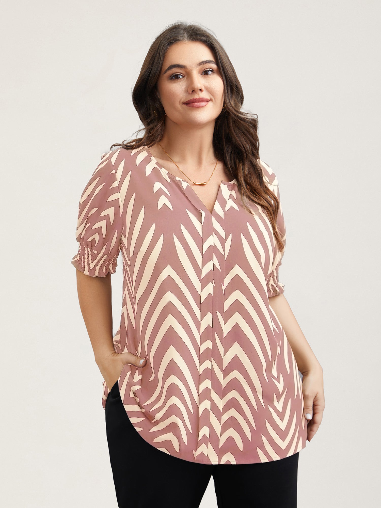 Geometric Print Ruffled Shirred Shirt-Sweetccc