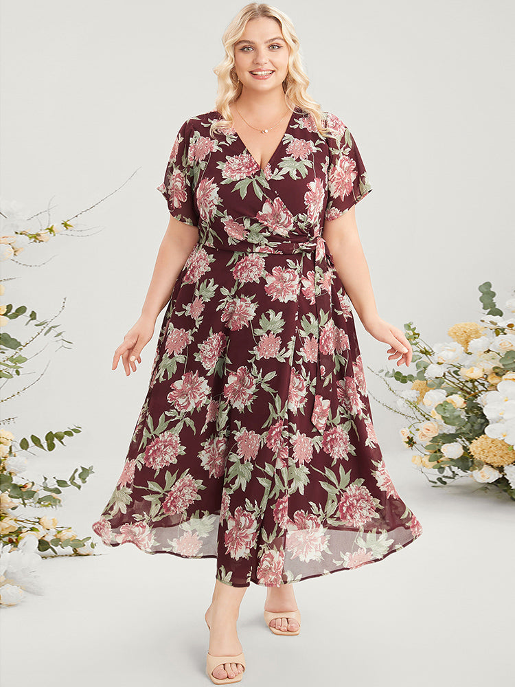 Floral Print Belted Surplice Neck Flutter Pocket Maxi Dress-Sweetccc