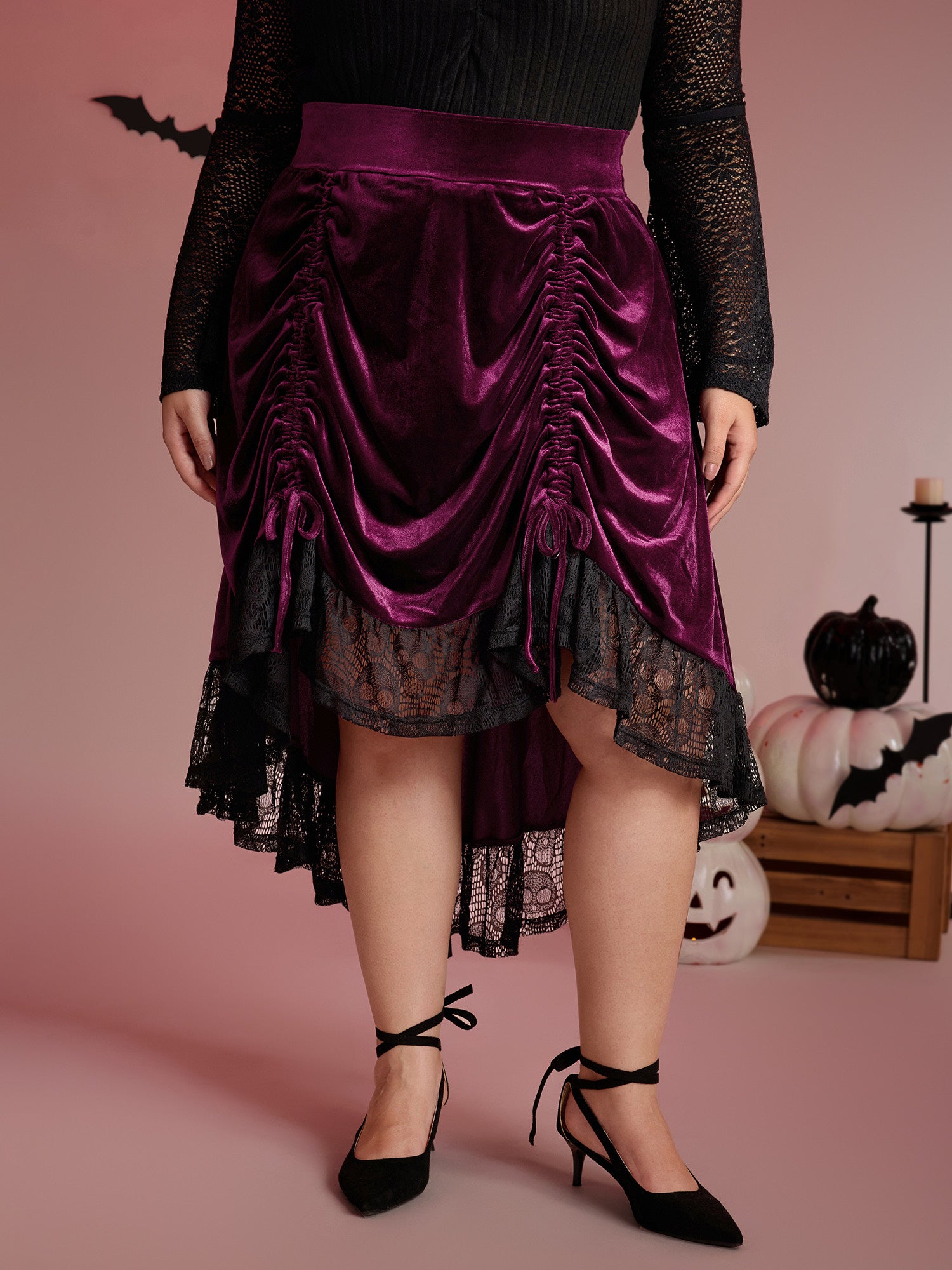 Velvet Lace Ruffled Gathered Midi Skirt-Sweetccc