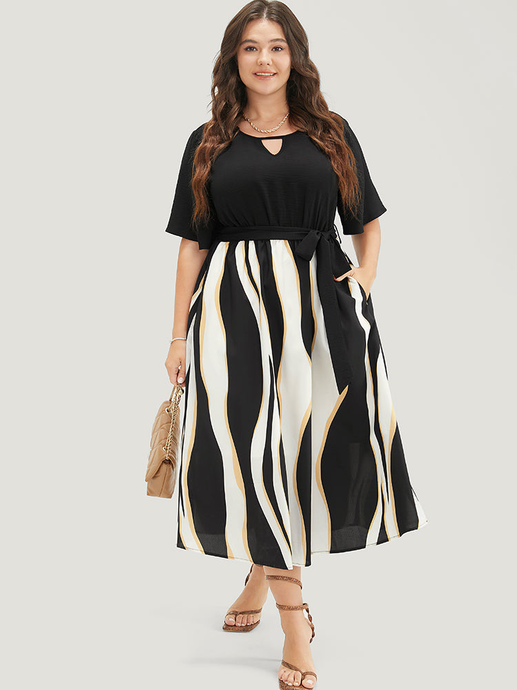 Striped Patchwork Ruffle Sleeve Pocket Belted Keyhole Dress-Sweetccc