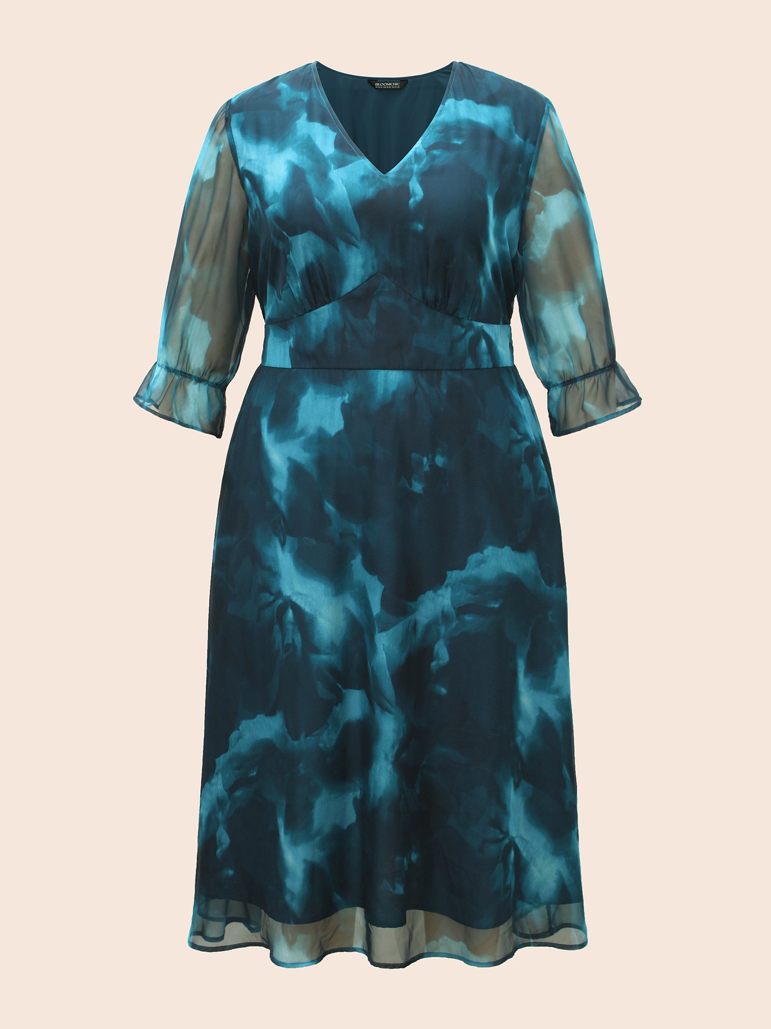 Water Ripple Print Mesh Ruffles Shirred Dress-Sweetccc