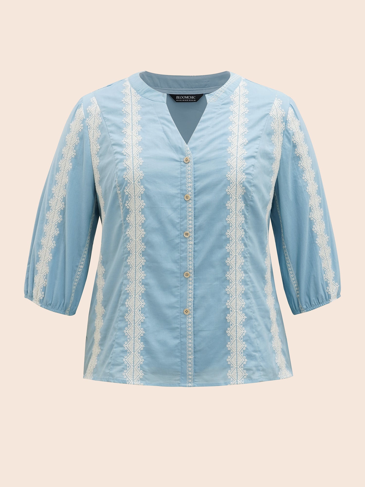 Striped Notched Embroidered Button Detail Blouse-Sweetccc