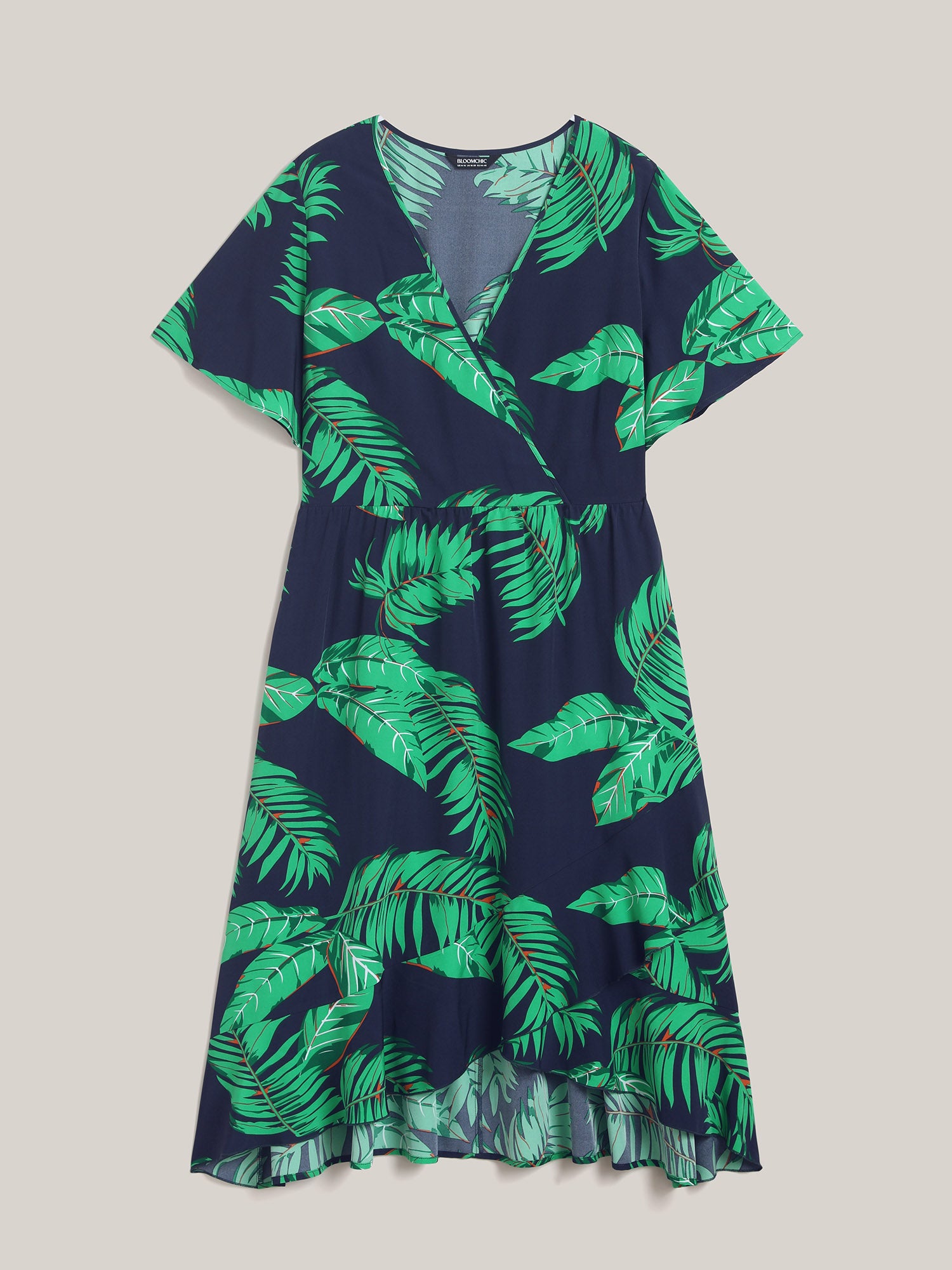 Tropical Leaf Print Surplice Neck Midi Dress-Sweetccc