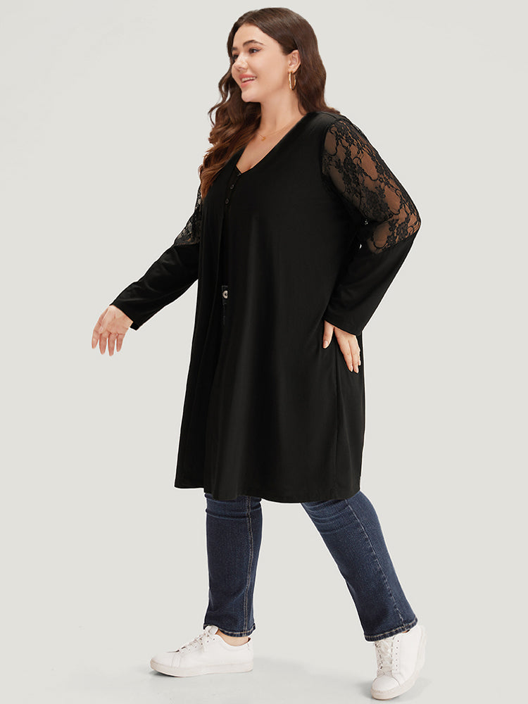 Supersoft Essentials Solid Crochet Lace Mesh Drape Open Front Coat-Sweetccc