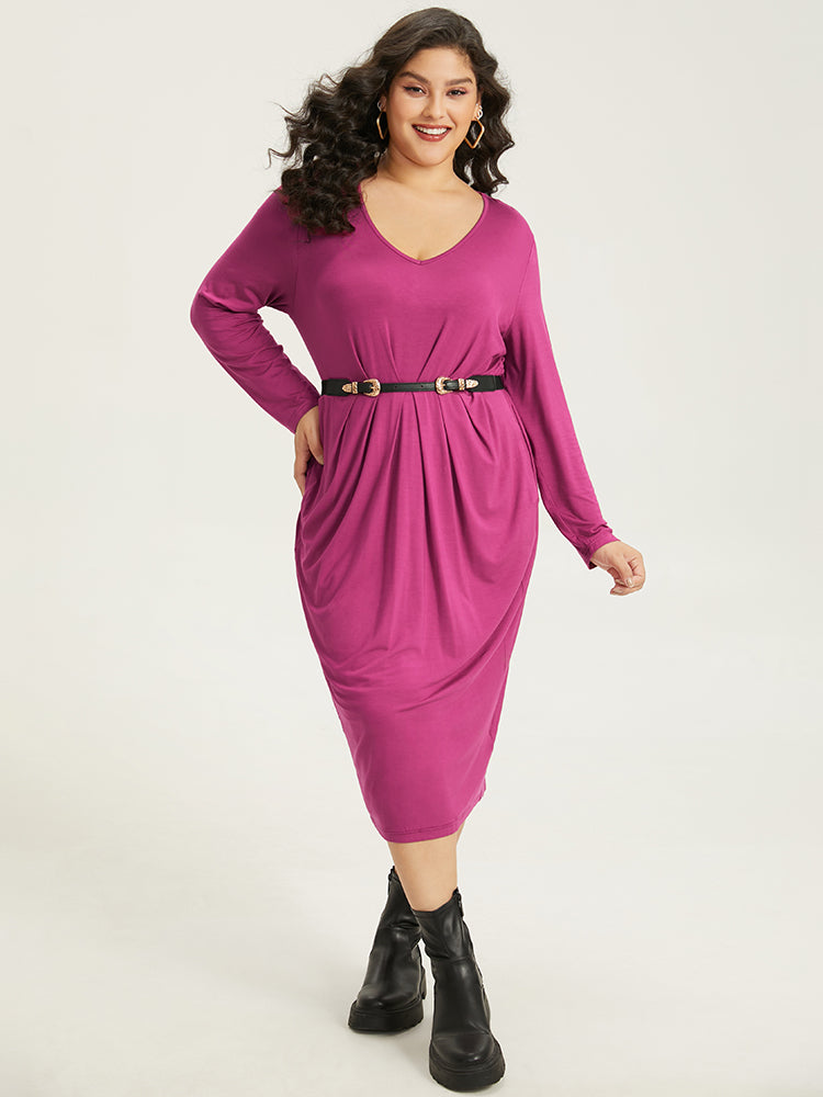 Solid Pocket V Neck Plicated Detail Dress-Sweetccc