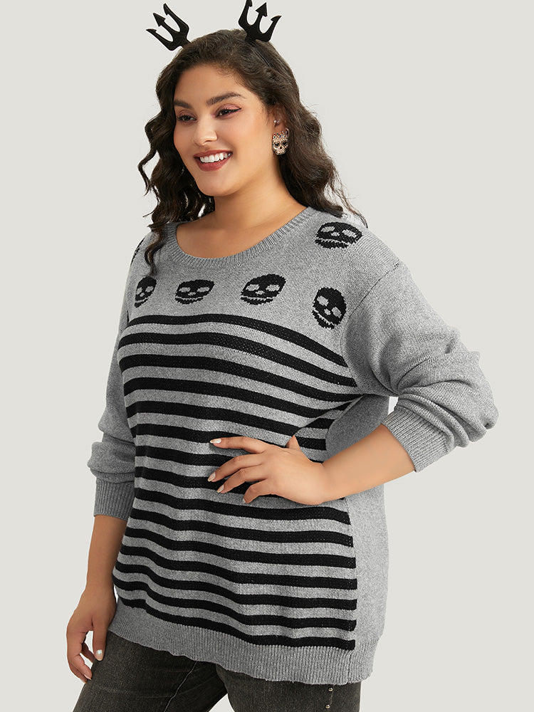 Halloween Supersoft Essentials Skull Print Striped Round Neck Pullover-Sweetccc