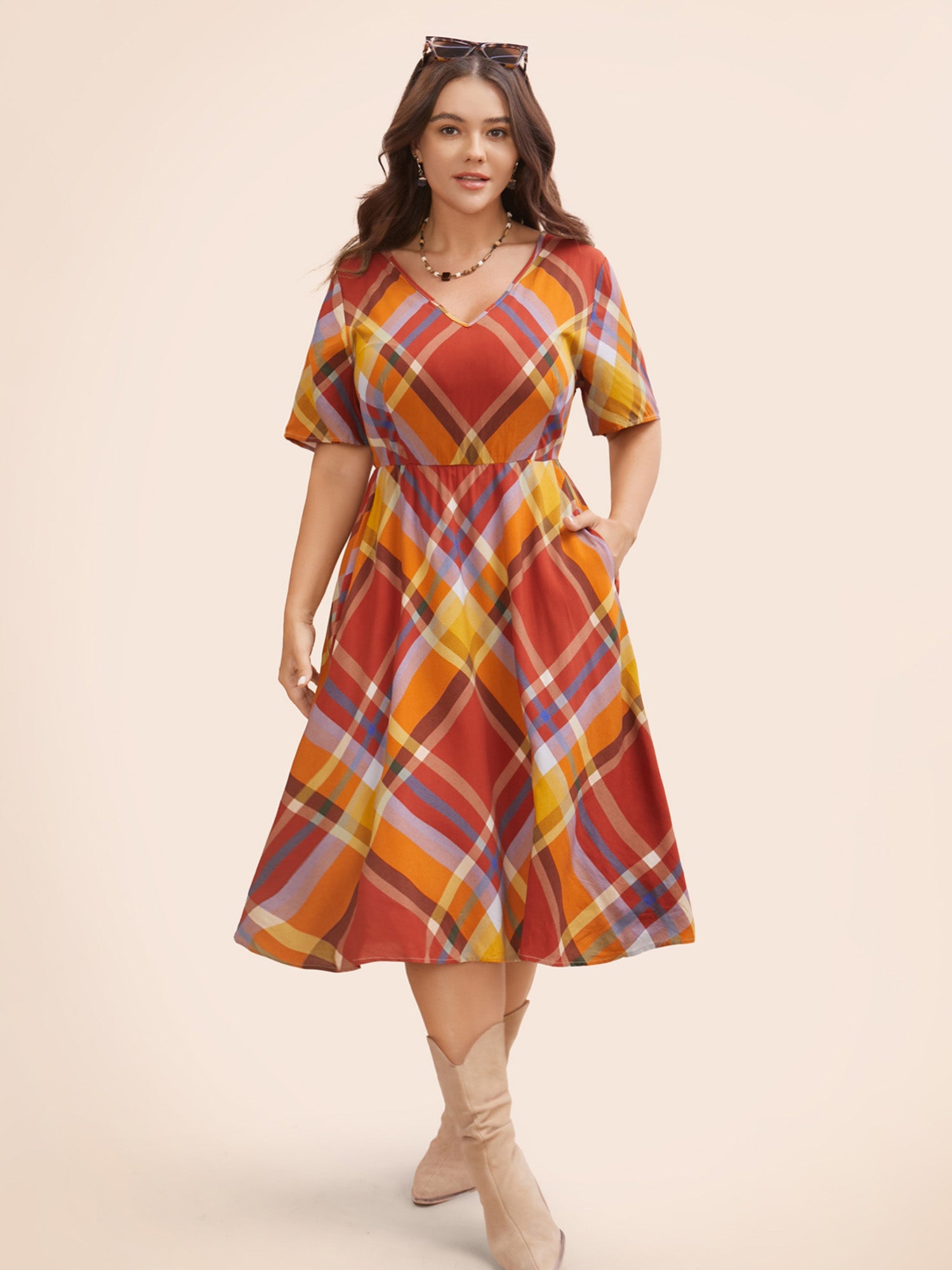 V Neck Plaid Ruffle Sleeve Dress-Sweetccc