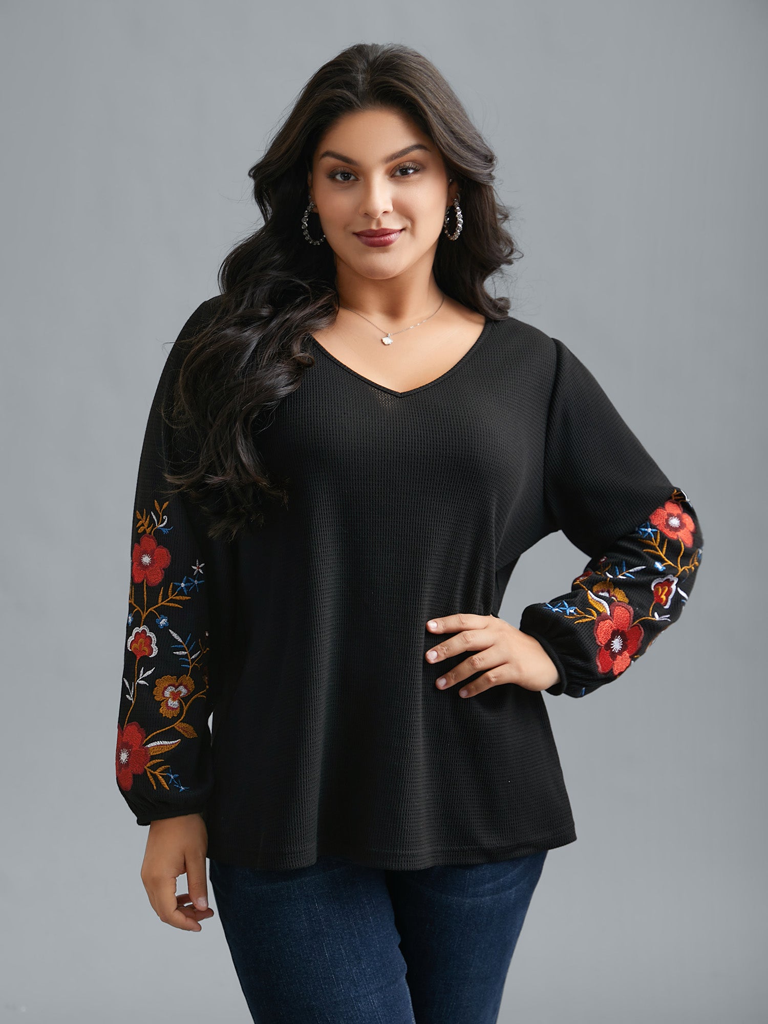 Waffle Knit Floral Embroidered Top-Sweetccc