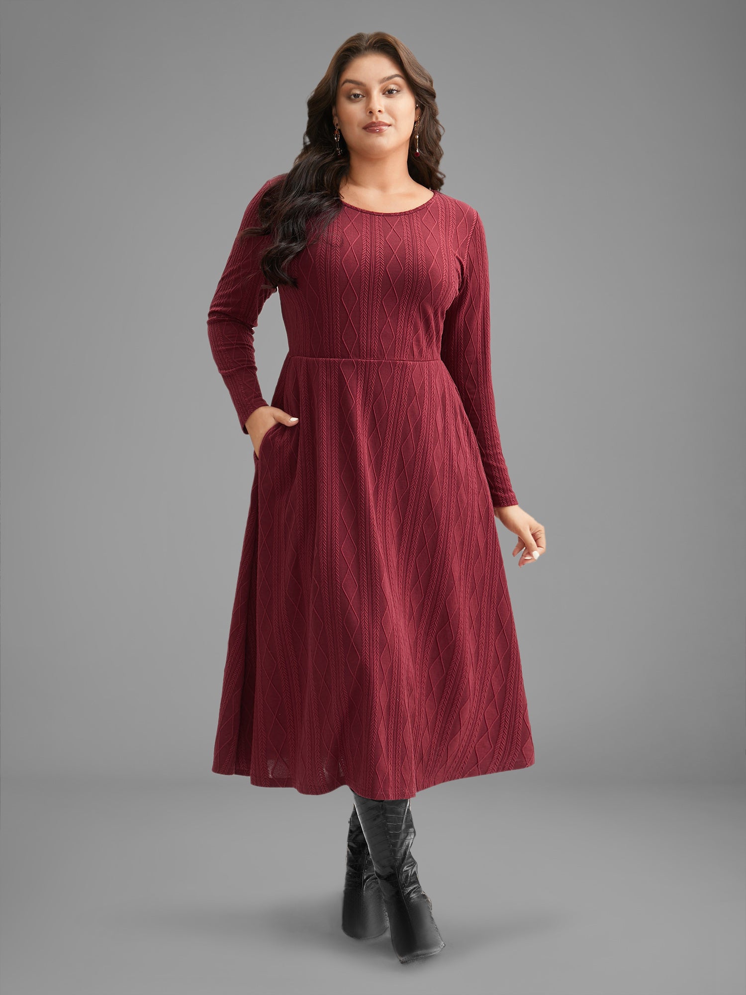 Textured Knit Fit-And-Flare Midi Dress-Sweetccc