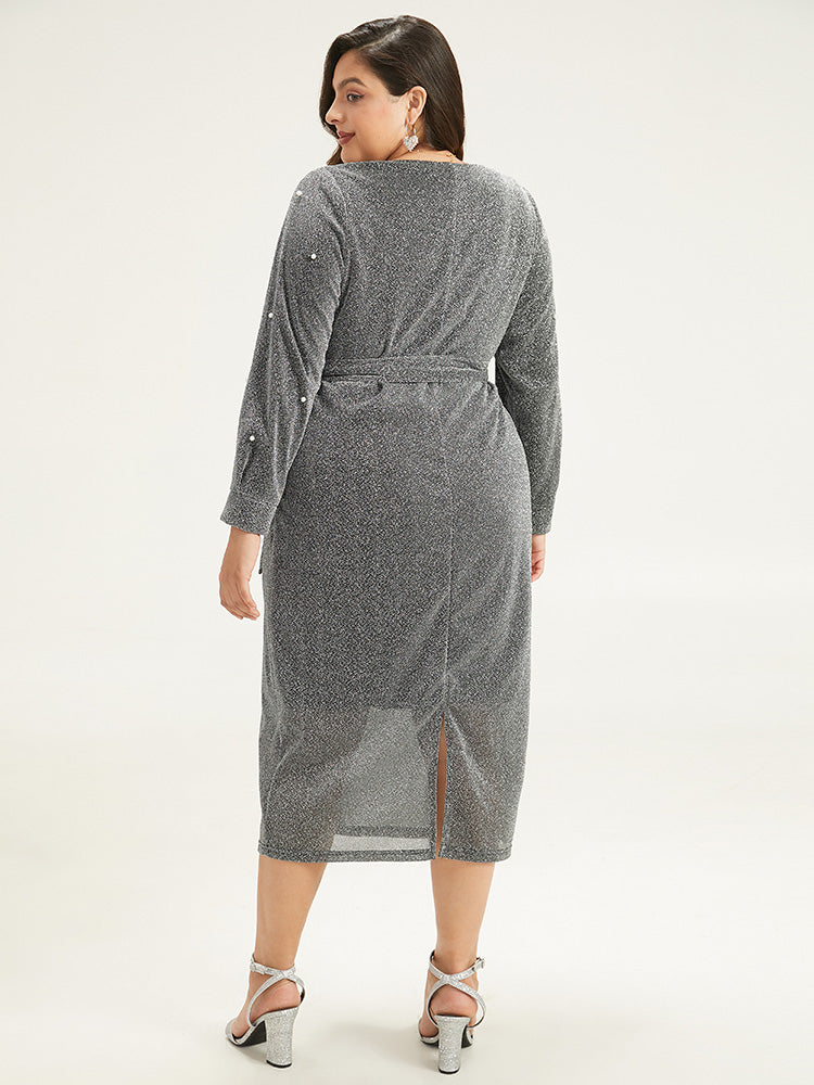 V Neck Pearl Beaded Belted Dress-Sweetccc