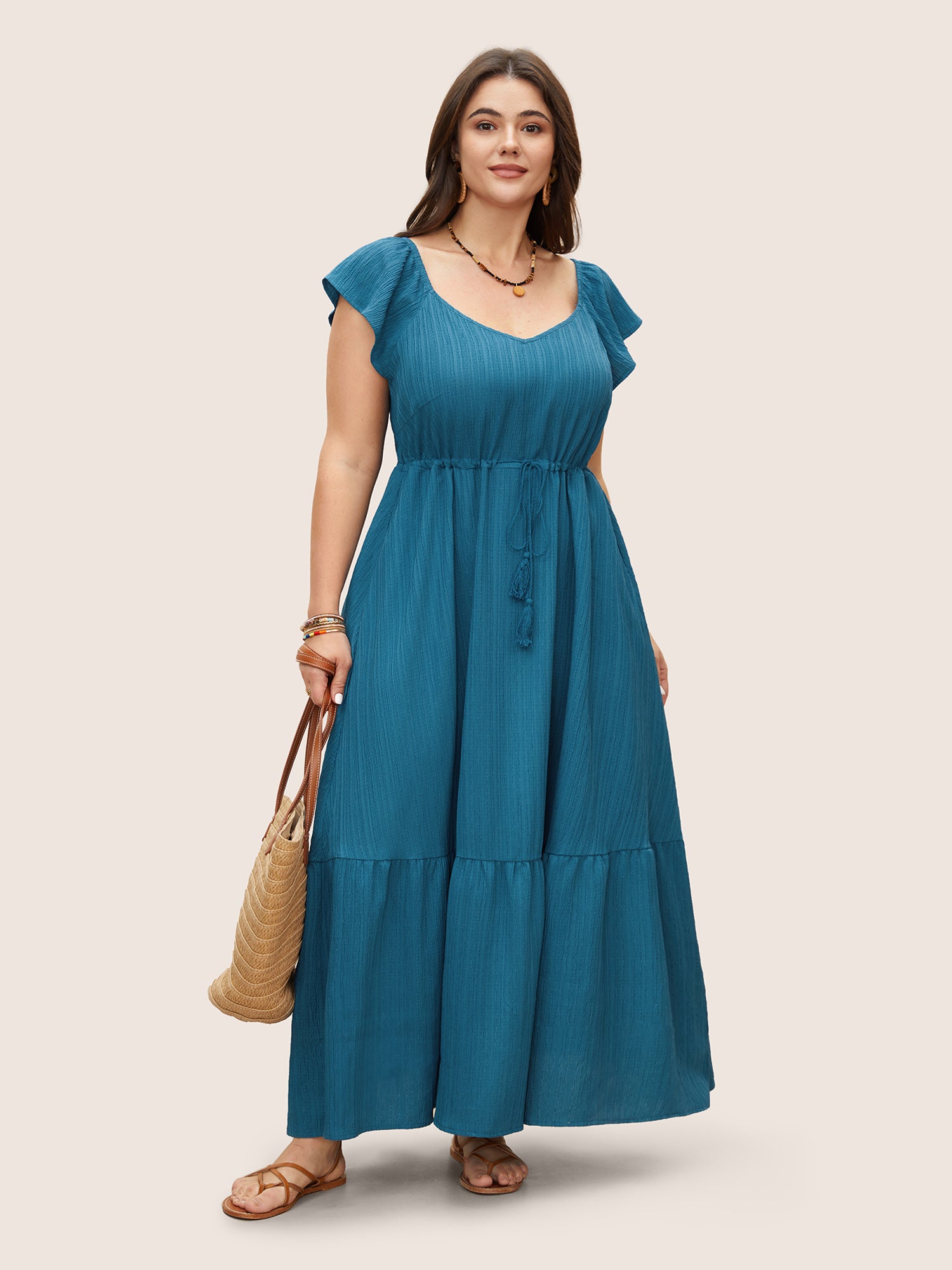 Texture Drawstring Tie Knot Tassels Dress-Sweetccc