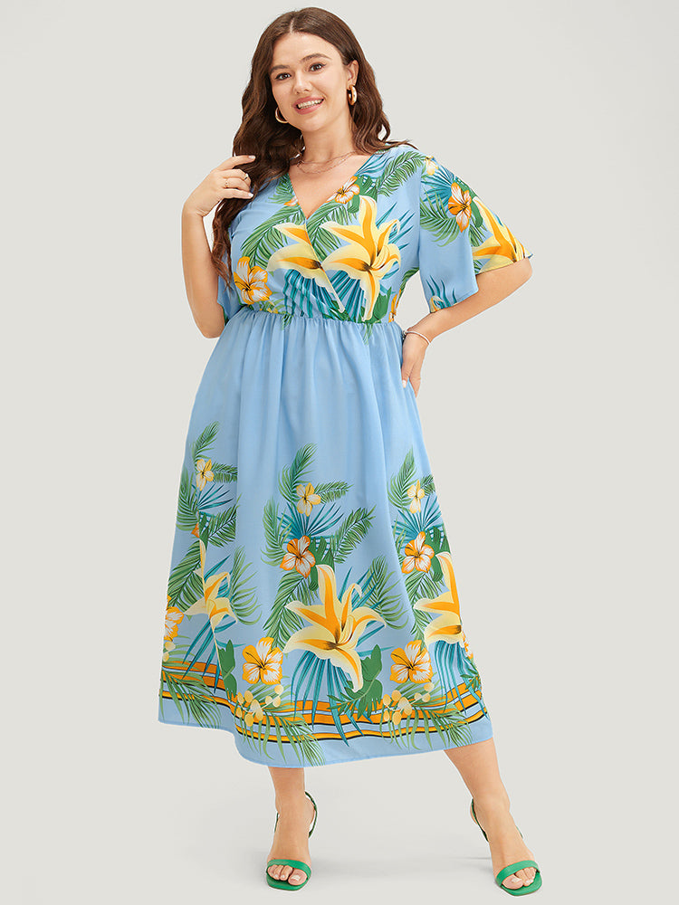 Tropical Print Ruffle Sleeve Wrap Pocket Midi Dress-Sweetccc