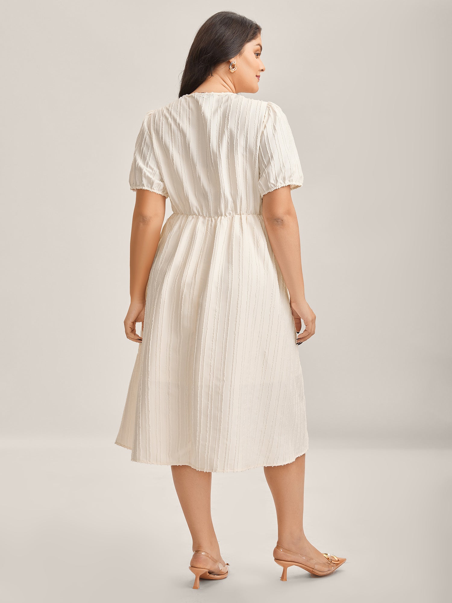 Textured V-Neck Pockets Solid Midi Dress-Sweetccc