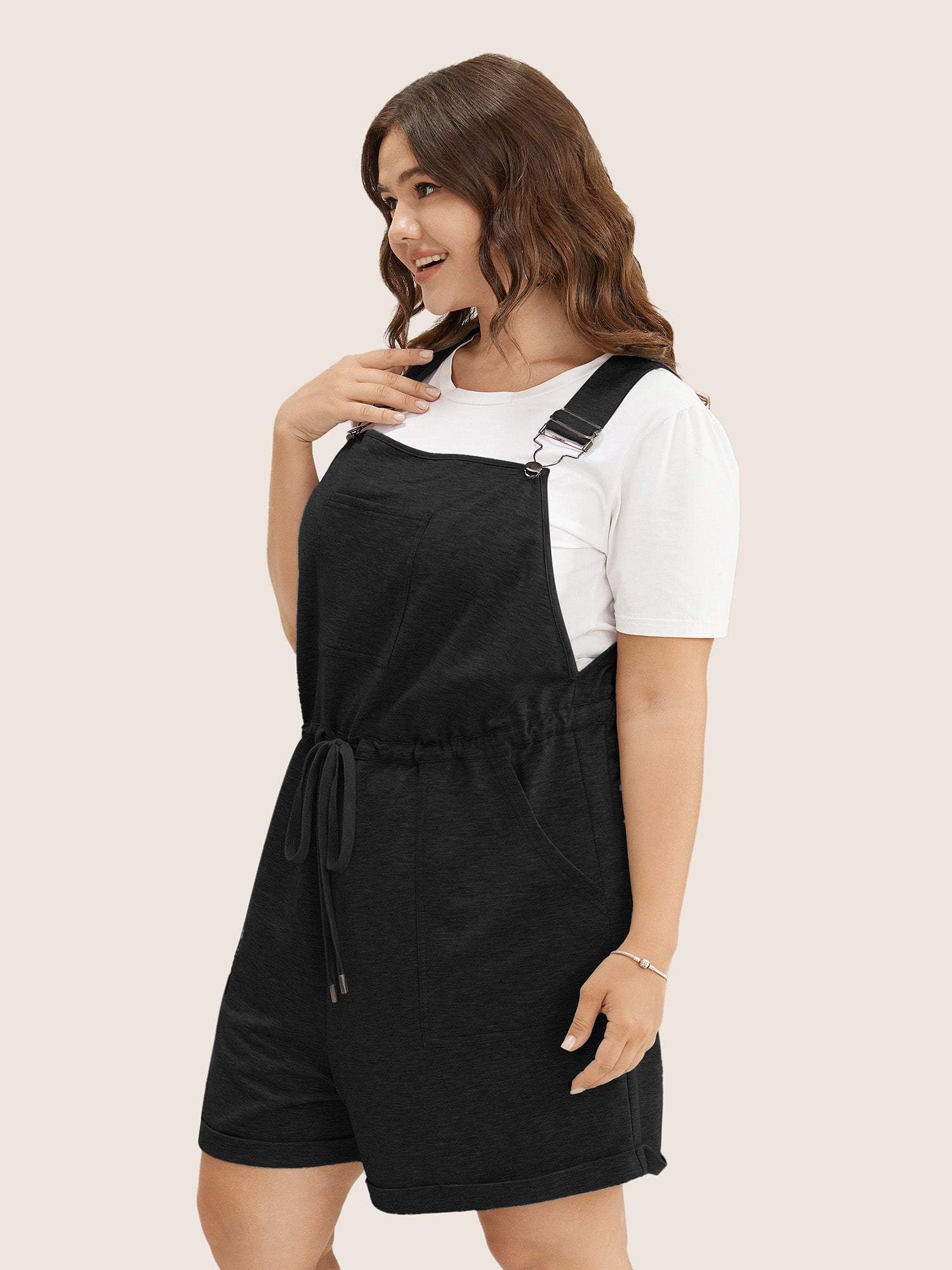 Solid Pocket Drawstring Overall Romper-Sweetccc