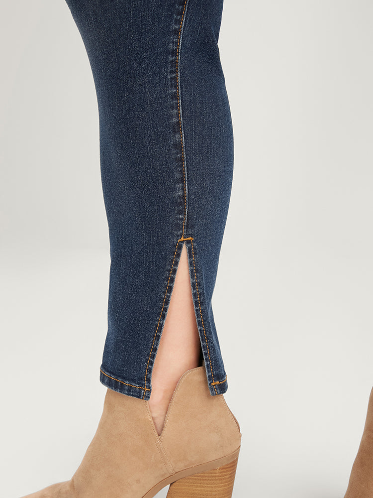 Mom Jeans Skinny Moderately Stretchy High Rise Medium Wash Split Jeans-Sweetccc