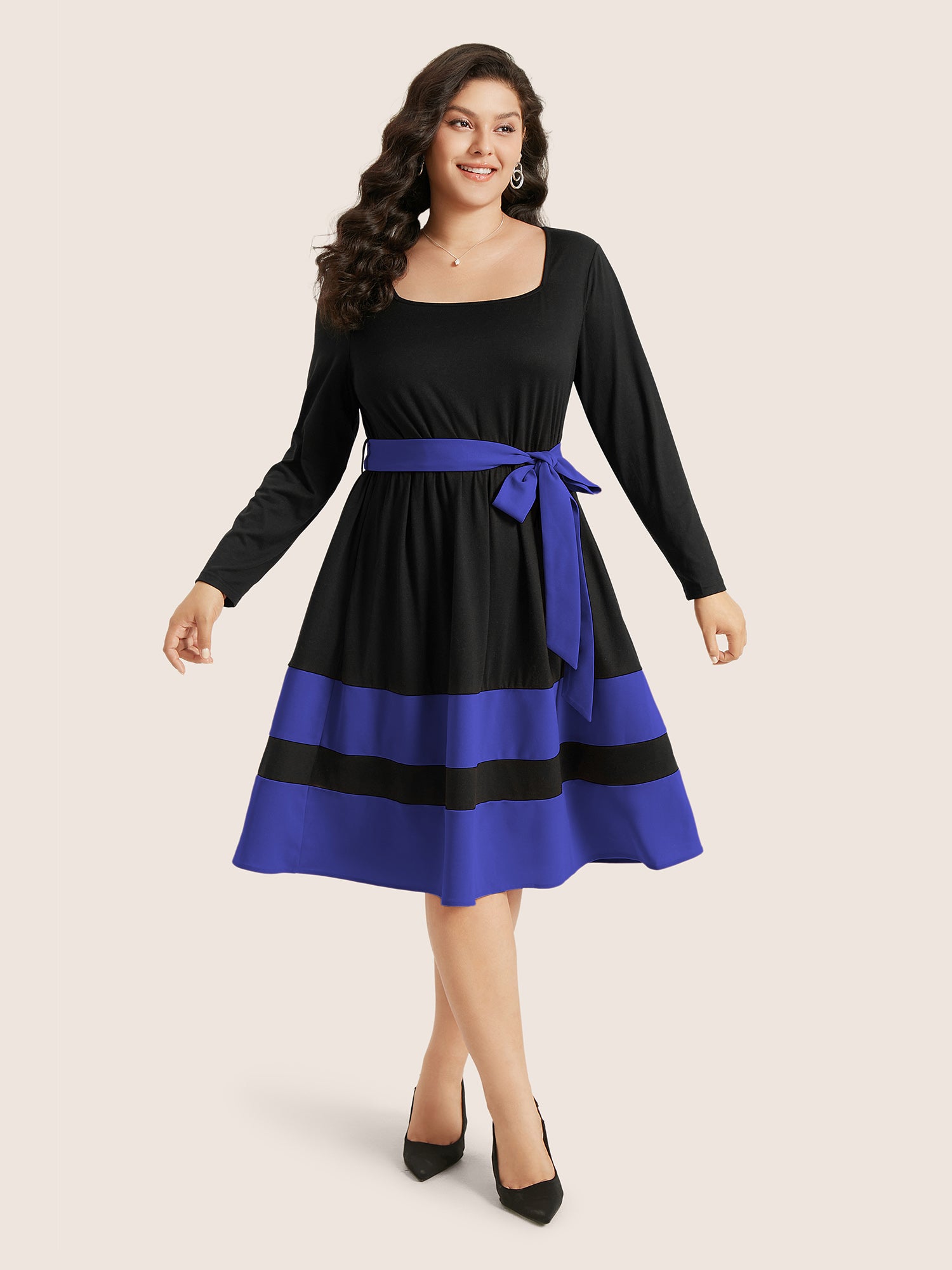 Two Tone Belted Bowknot Square Neck Dress-Sweetccc