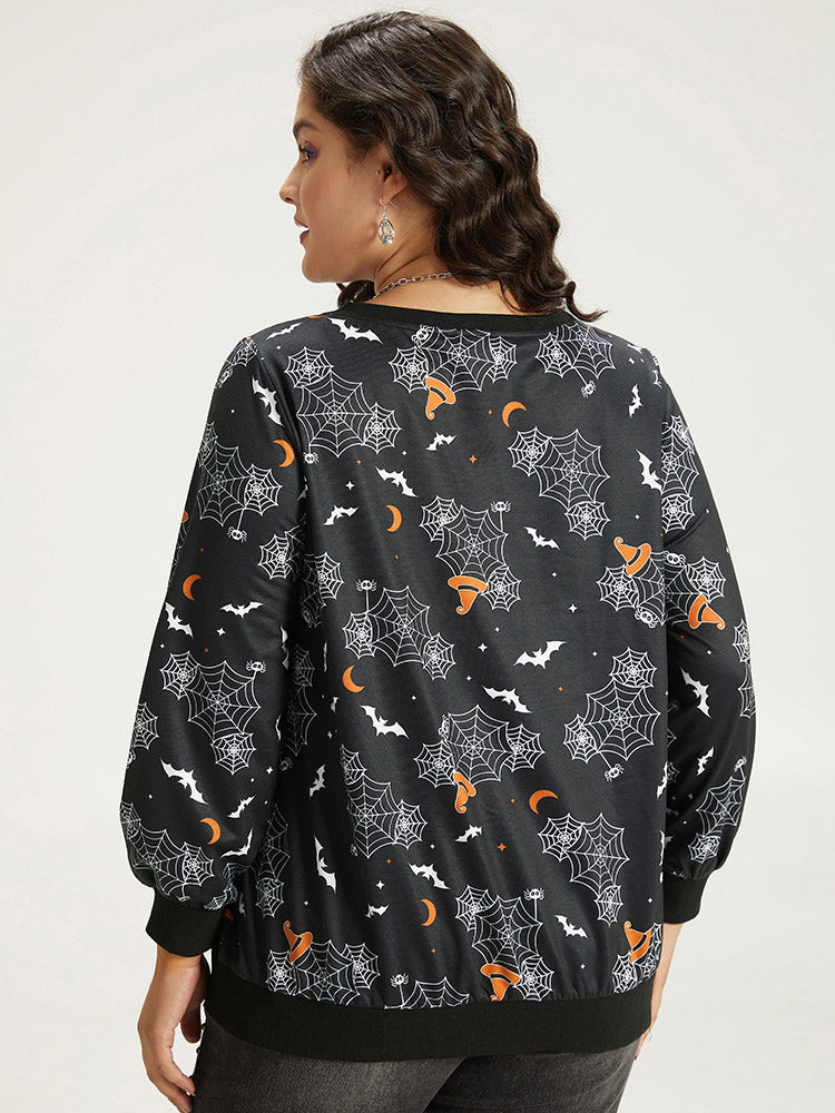 Halloween Print Elastic Cuffs Round Neck Sweatshirt-Sweetccc