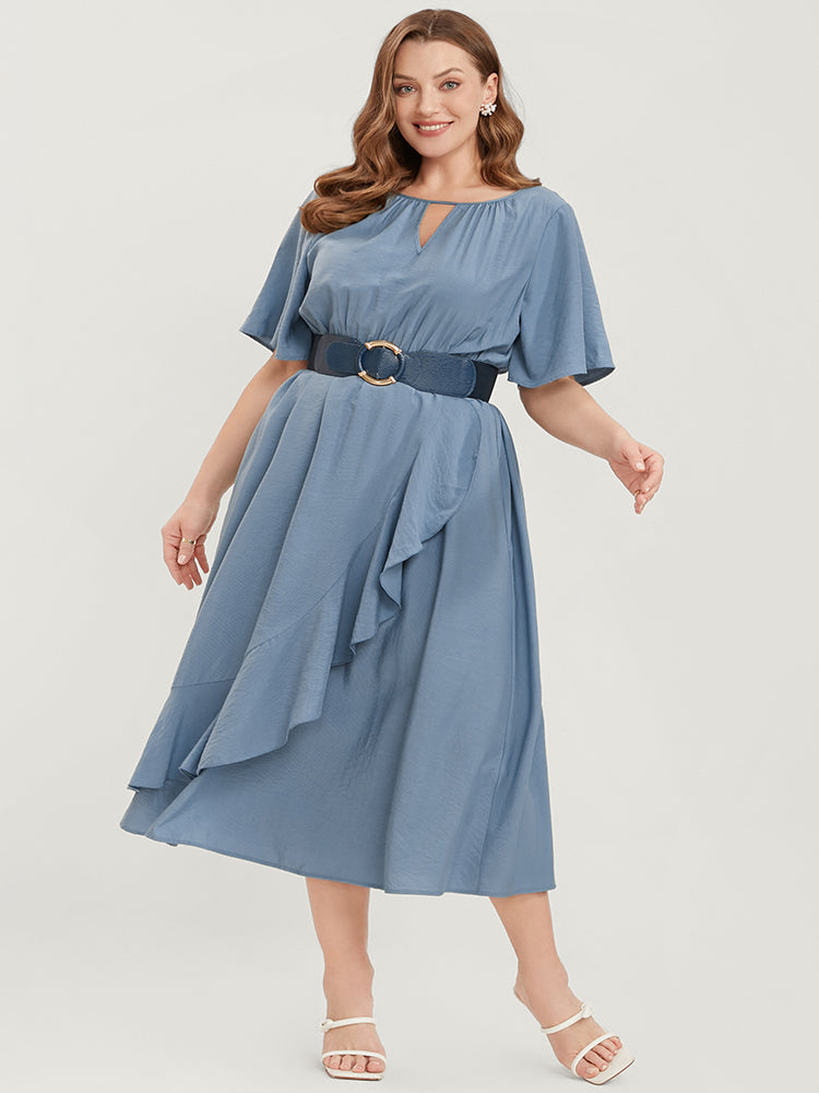 Solid Keyhole Round Neck Pocket Ruffle Trim Rib Knit Dress-Sweetccc