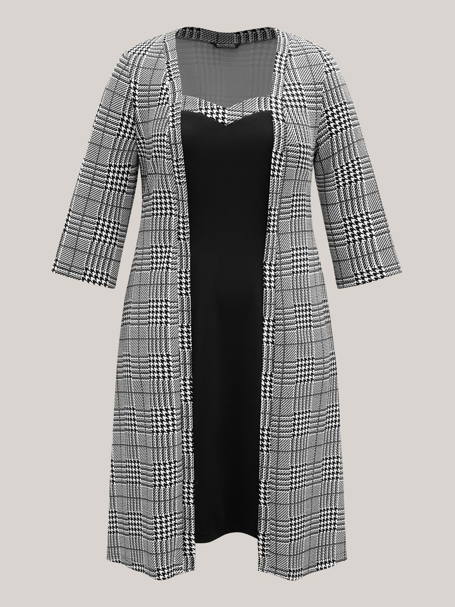 Houndstooth Print Waist-Cinched Patchwork Midi Dress-Sweetccc